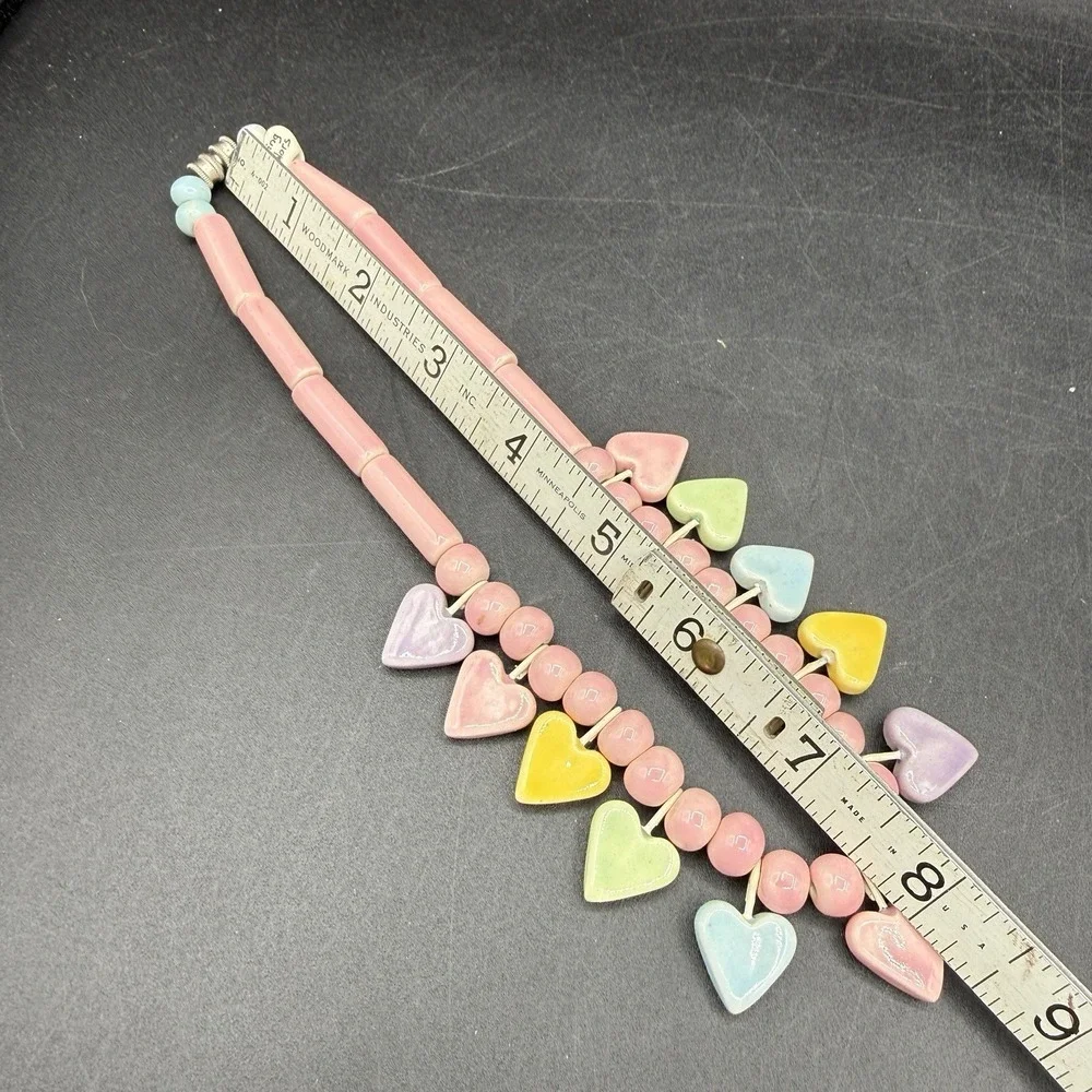 Vtg. Flying Colors Hand Painted Ceramic Pastel Heart‎  Necklace Candy Valentines